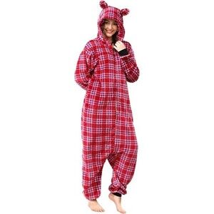 One Piece Bear Pajamas Fleece Plaid Cuddly Cosplay Ears Women's XL